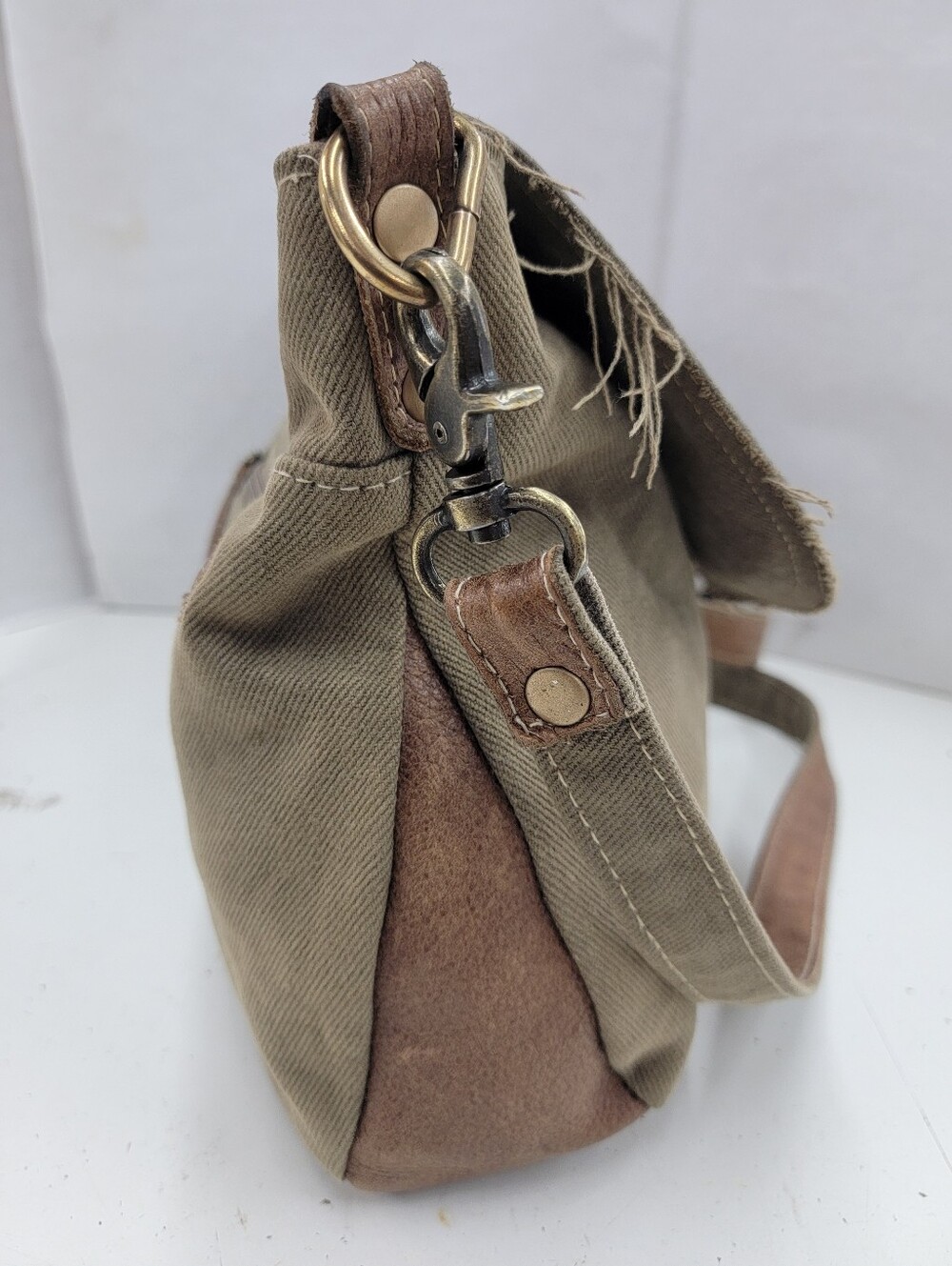 Myra Bag Canvas & Leather Hide Crossbody Bag Upcycled Military Canvas - Picture 7 of 12
